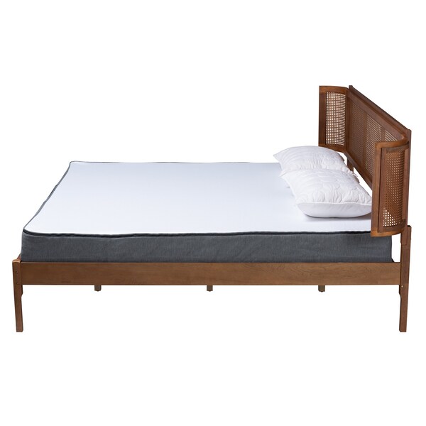 Baxton Studio Eridian MidCentury Modern Walnut Brown Finished Wood and Natural Rattan King Size Platform Bed - 222-11892-ZORO