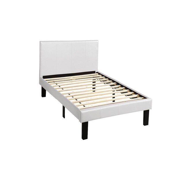 Poundex Twin Upholstered Bed Frame with Slats in White Faux Leather - F9210T