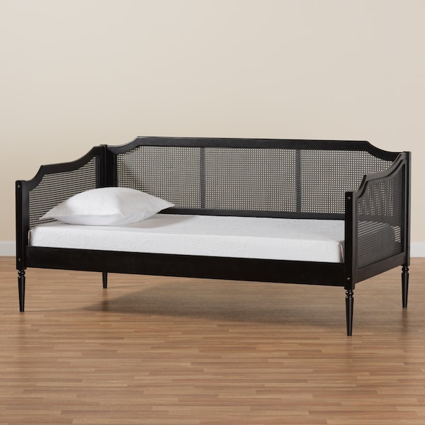 Baxton Studio Hancock Mid-Century Charcoal Finished Wood and Synthetic Rattan Twin Size Daybed - 195-11518-ZORO