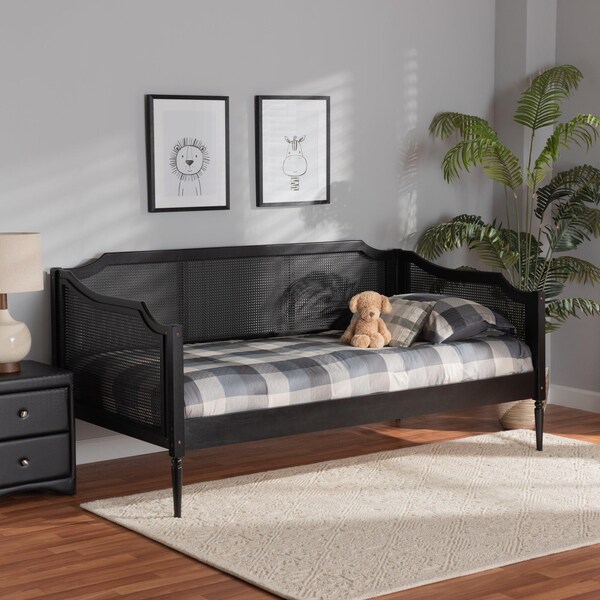 Baxton Studio Hancock Mid-Century Charcoal Finished Wood and Synthetic Rattan Twin Size Daybed - 195-11518-ZORO