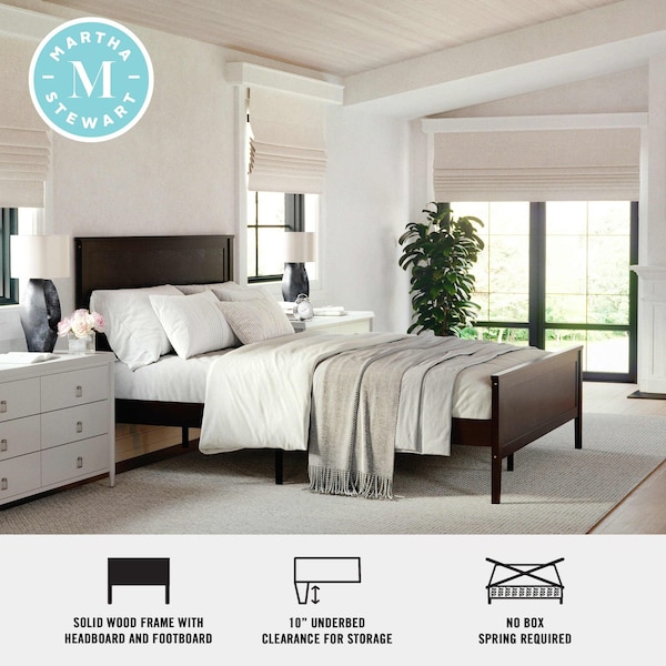 Martha Stewart Corbin Queen Size Solid Wood Platform Bed w/Wooden Headboard and Footboard, Dark Brown - MG-090026-Q-DKBRN-MS