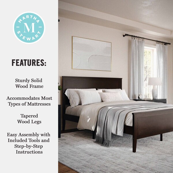 Martha Stewart Corbin Queen Size Solid Wood Platform Bed w/Wooden Headboard and Footboard, Dark Brown - MG-090026-Q-DKBRN-MS