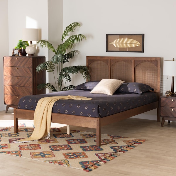 Baxton Studio Blossom Classic and Traditional Ash Walnut Finished Wood and Rattan Queen Size Platform Bed - 236-12769-ZORO