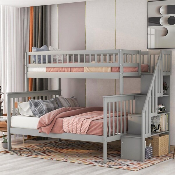 Homeroots Gray Over Full Farmhouse Style Bunk Bed with Staircase - Twin Size - 403646