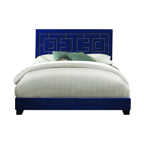 Gfancy Fixtures 80 x 86 x 50 in. Dark Blue Velvet Upholstered Wood Leg Eastern King Bed - GF3713440