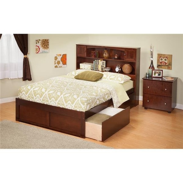 Atlantic Furniture Atlantic Furniture AR8522114 Newport Bookcase Bed Twin Size with a Flat Panel Foot Board and Urban Bed Drawers in an Antique Walnut Finish - AR8522114