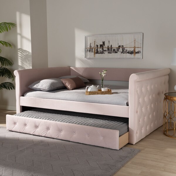 Baxton Studio Amaya Pink Velvet Upholstered Full Size Daybed with Trundle - 155-9456