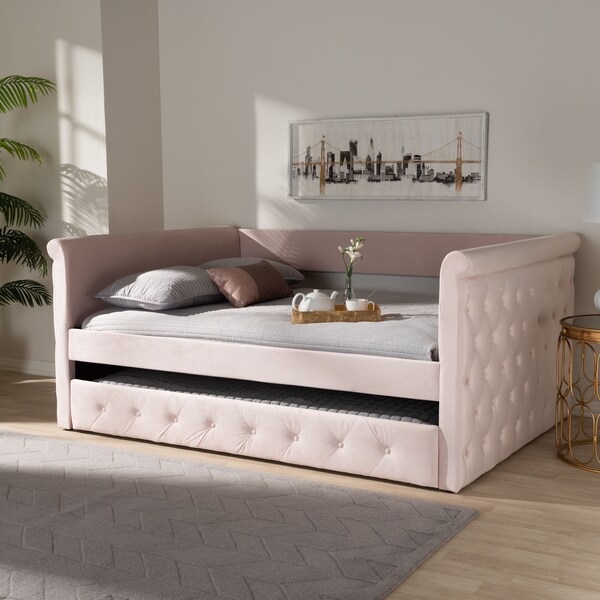 Baxton Studio Amaya Pink Velvet Upholstered Full Size Daybed with Trundle - 155-9456