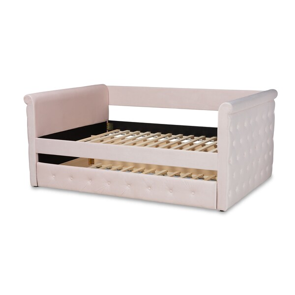 Baxton Studio Amaya Pink Velvet Upholstered Full Size Daybed with Trundle - 155-9456