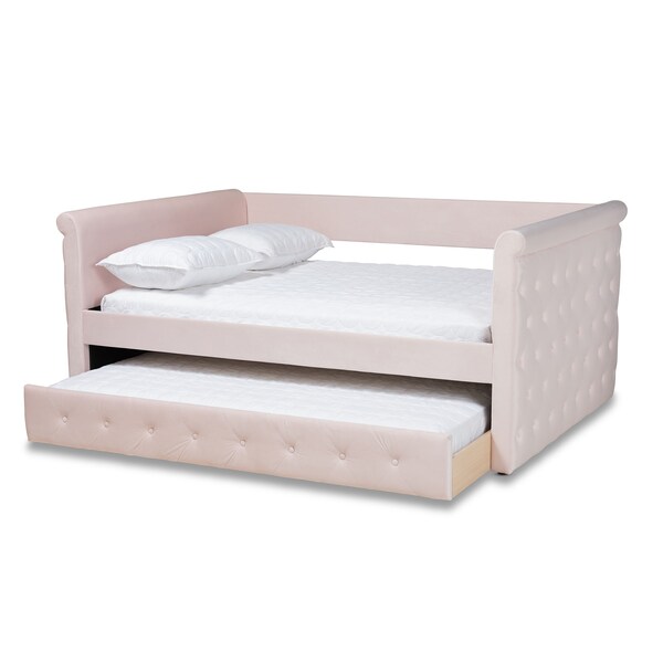 Baxton Studio Amaya Pink Velvet Upholstered Full Size Daybed with Trundle - 155-9456