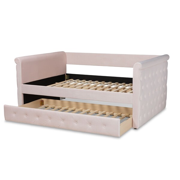 Baxton Studio Amaya Pink Velvet Upholstered Full Size Daybed with Trundle - 155-9456