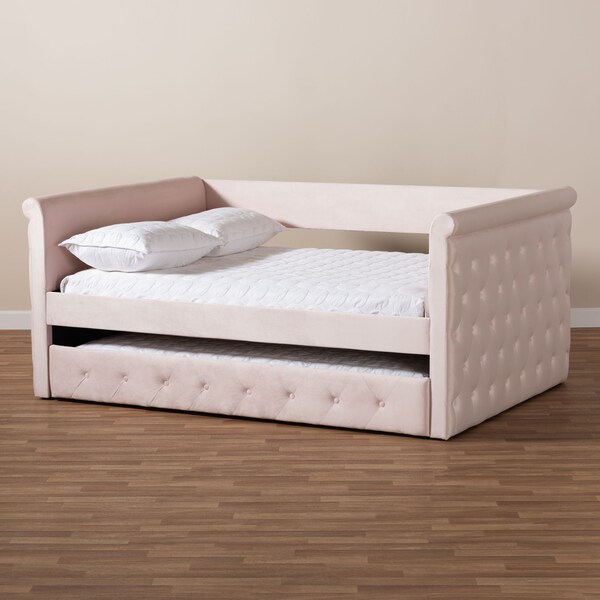 Baxton Studio Amaya Pink Velvet Upholstered Full Size Daybed with Trundle - 155-9456