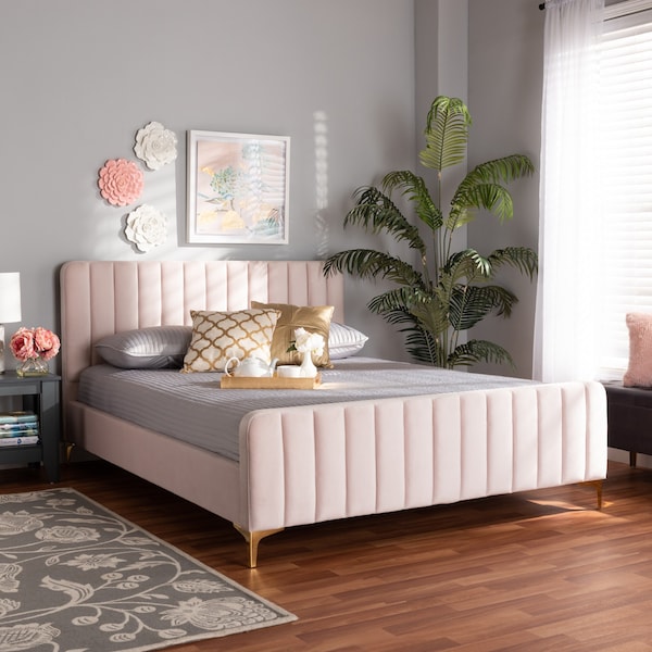 Baxton Studio Nami Modern Glam and Luxe Light Pink Velvet Fabric and Gold Finished Full Size Platform Bed - 174-11184-ZORO