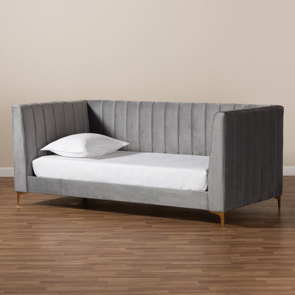 Baxton Studio Oksana Modern Contemporary Glam and Luxe Light Grey Velvet Fabric and Gold Finished Twin Size Daybed - 174-10981-ZORO