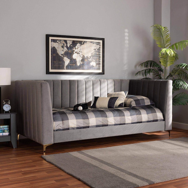Baxton Studio Oksana Modern Contemporary Glam and Luxe Light Grey Velvet Fabric and Gold Finished Twin Size Daybed - 174-10981-ZORO