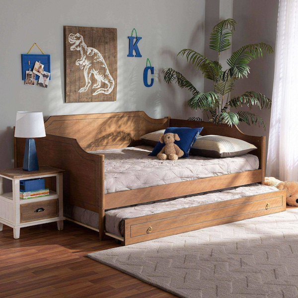 Baxton Studio Alya Classic Farmhouse Walnut Brown Finished Wood Full Size Daybed with Roll-Out Trundle Bed - 182-11173-10833-ZORO