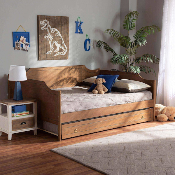 Baxton Studio Alya Classic Farmhouse Walnut Brown Finished Wood Full Size Daybed with Roll-Out Trundle Bed - 182-11173-10833-ZORO
