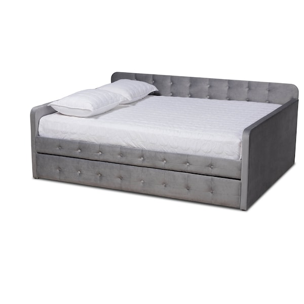 Baxton Studio Jona Grey Velvet and Button Tufted Queen Size Daybed with Trundle - 169-10849