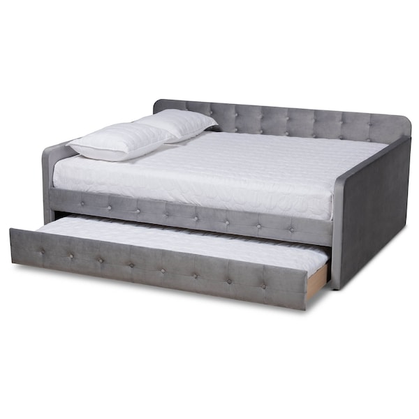Baxton Studio Jona Grey Velvet and Button Tufted Queen Size Daybed with Trundle - 169-10849