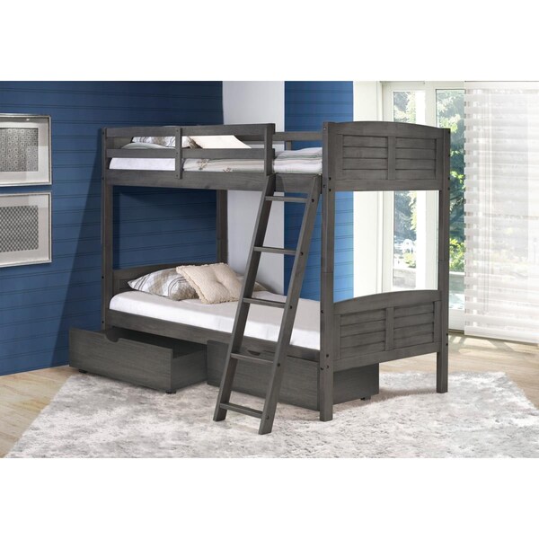 Donco Kids Twin Over Twin Louver Bunk Bed With Dual Storage Drawers - Antique Grey - PD_2010TTAG_505
