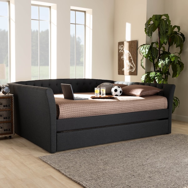 Baxton Studio Delora Dark Grey Full Size Daybed with Roll-Out Trundle Bed - 158-9663