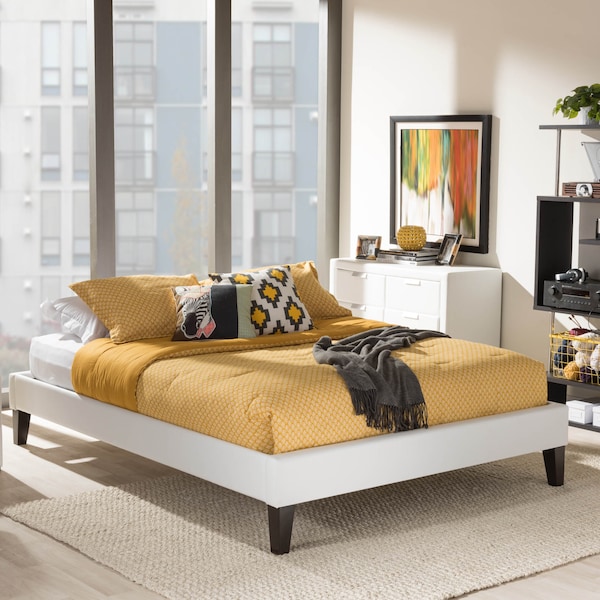 Baxton Studio Lancashire White Upholstered Full Size Bed Frame with Tapered Legs - 125-6990