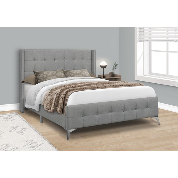 Monarch Specialties Bed, Queen Size, Bedroom, Upholstered, Grey Linen Look, Chrome Metal Legs - I 6040Q