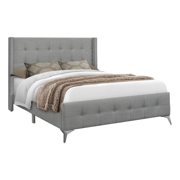 Monarch Specialties Bed, Queen Size, Bedroom, Upholstered, Grey Linen Look, Chrome Metal Legs - I 6040Q