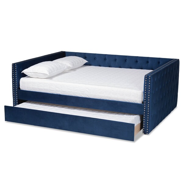 Baxton Studio Larkin Modern and Contemporary Navy Blue Velvet Fabric Full Size Daybed with Trundle - 187-11458-ZORO