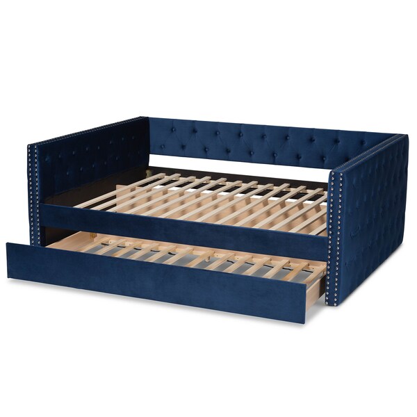 Baxton Studio Larkin Modern and Contemporary Navy Blue Velvet Fabric Full Size Daybed with Trundle - 187-11458-ZORO