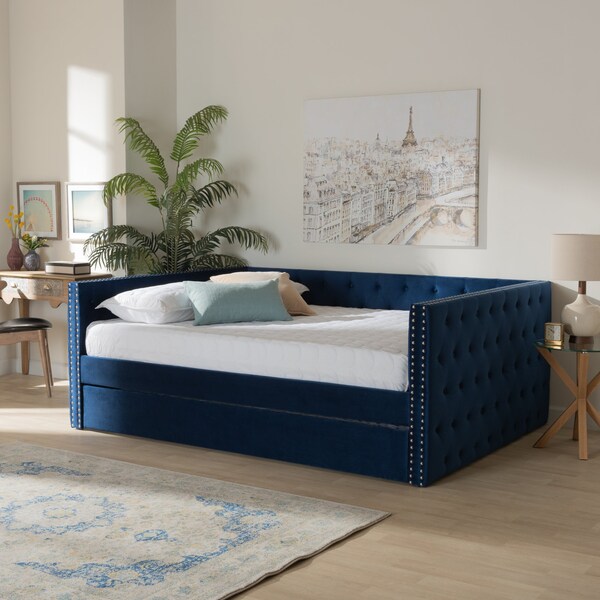 Baxton Studio Larkin Modern and Contemporary Navy Blue Velvet Fabric Full Size Daybed with Trundle - 187-11458-ZORO
