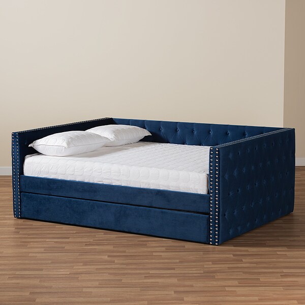 Baxton Studio Larkin Modern and Contemporary Navy Blue Velvet Fabric Full Size Daybed with Trundle - 187-11458-ZORO