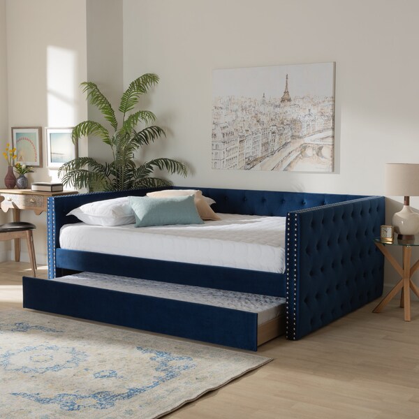 Baxton Studio Larkin Modern and Contemporary Navy Blue Velvet Fabric Full Size Daybed with Trundle - 187-11458-ZORO