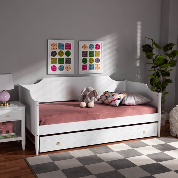 Baxton Studio Alya White Finished Wood Twin Size Daybed with Roll-Out Trundle Bed - 168-10830-10831