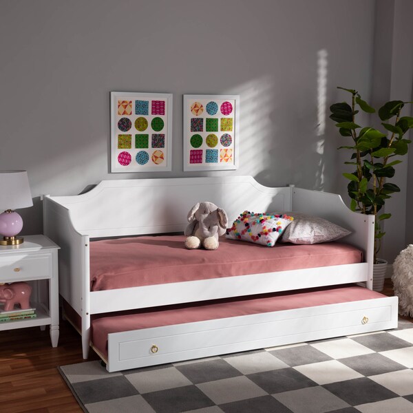 Baxton Studio Alya White Finished Wood Twin Size Daybed with Roll-Out Trundle Bed - 168-10830-10831