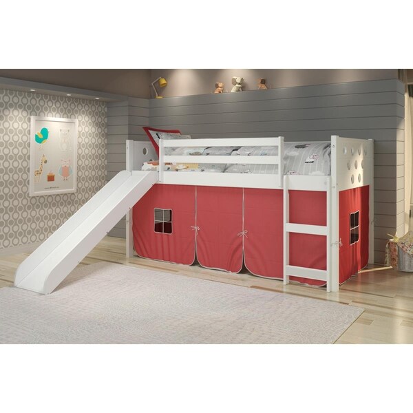 Kd Gabinetes PD-780ATW-R-785W Twin Size Circles Low Loft with Slide & Red Tent in White - KD3728934