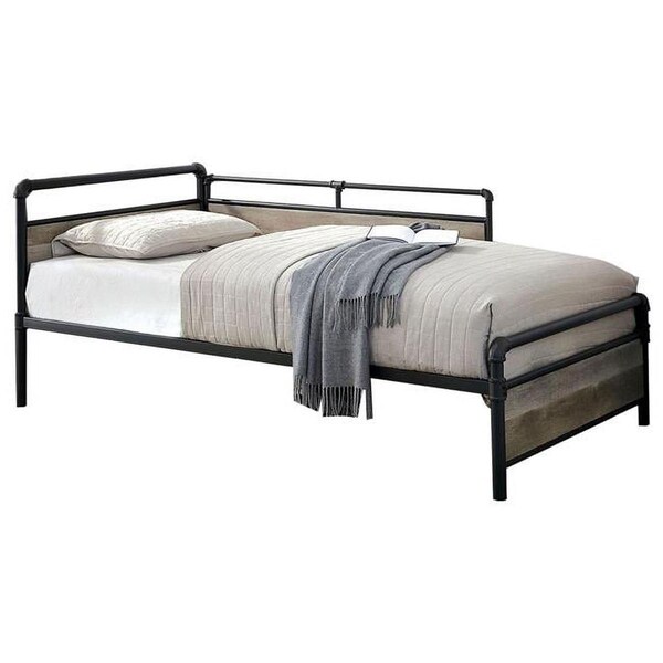 Benjara 34 x 42 x 78 in. Industrial Pipe Design Metal Daybed with Wooden Panels, Black - BM207633
