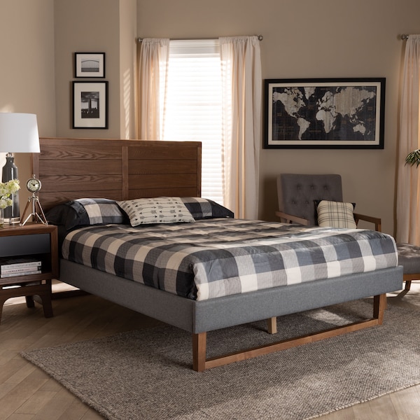 Baxton Studio Gabriela Grey Upholstered and Ash Walnut Wood Full Size Platform Bed - 164-9413-9425