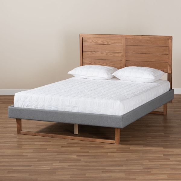 Baxton Studio Gabriela Grey Upholstered and Ash Walnut Wood Full Size Platform Bed - 164-9413-9425