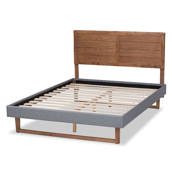 Baxton Studio Gabriela Grey Upholstered and Ash Walnut Wood Full Size Platform Bed - 164-9413-9425