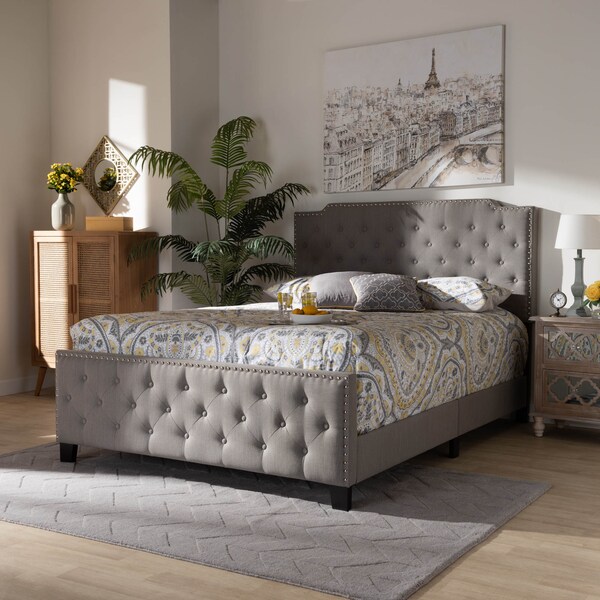 Baxton Studio Marion Grey Upholstered Button Tufted King Size Panel Bed - 162-10328