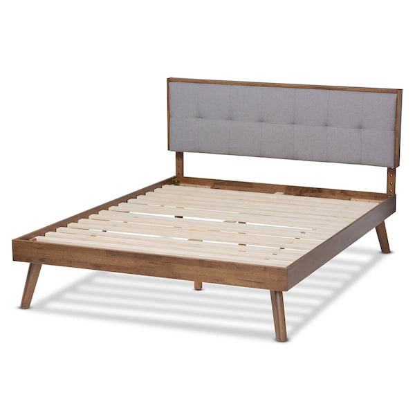 Baxton Studio Alke Light Grey Upholstered Walnut Wood Full Size Platform Bed - 163-10476
