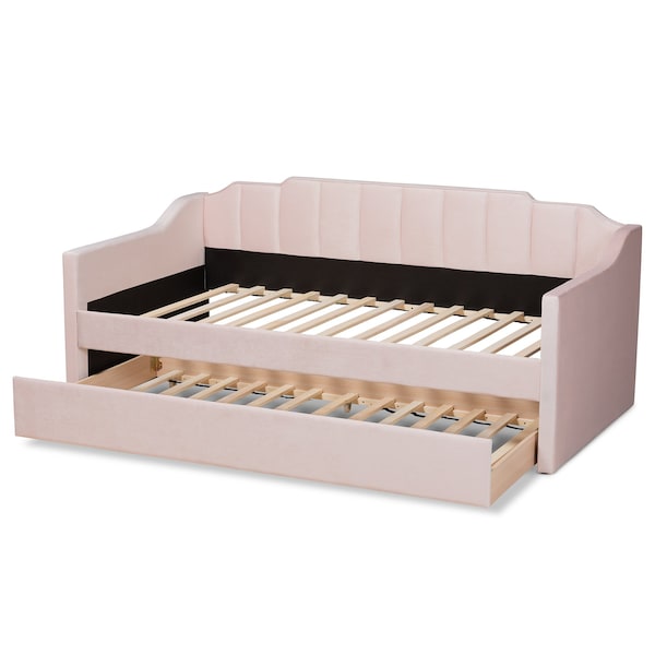 Baxton Studio Lennon Modern and Contemporary Pink Velvet Fabric Twin Size Daybed with Trundle - 186-11472-ZORO