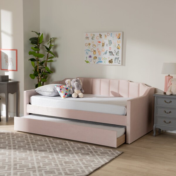 Baxton Studio Lennon Modern and Contemporary Pink Velvet Fabric Twin Size Daybed with Trundle - 186-11472-ZORO