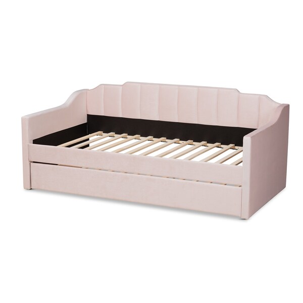 Baxton Studio Lennon Modern and Contemporary Pink Velvet Fabric Twin Size Daybed with Trundle - 186-11472-ZORO