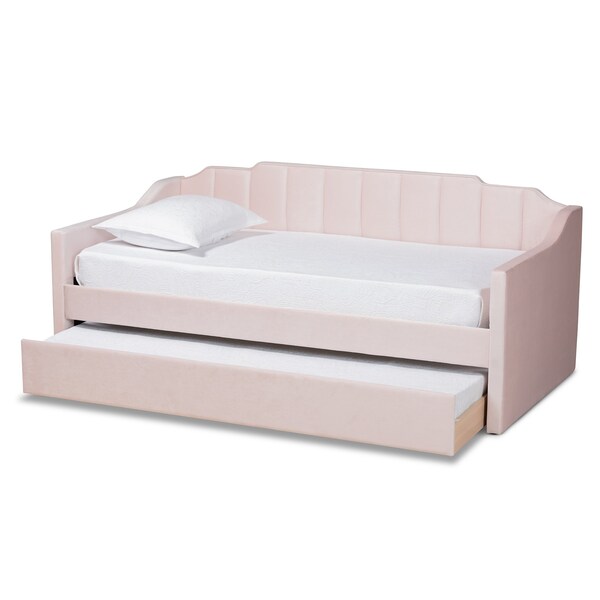 Baxton Studio Lennon Modern and Contemporary Pink Velvet Fabric Twin Size Daybed with Trundle - 186-11472-ZORO