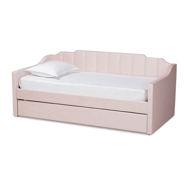 Baxton Studio Lennon Modern and Contemporary Pink Velvet Fabric Twin Size Daybed with Trundle - 186-11472-ZORO