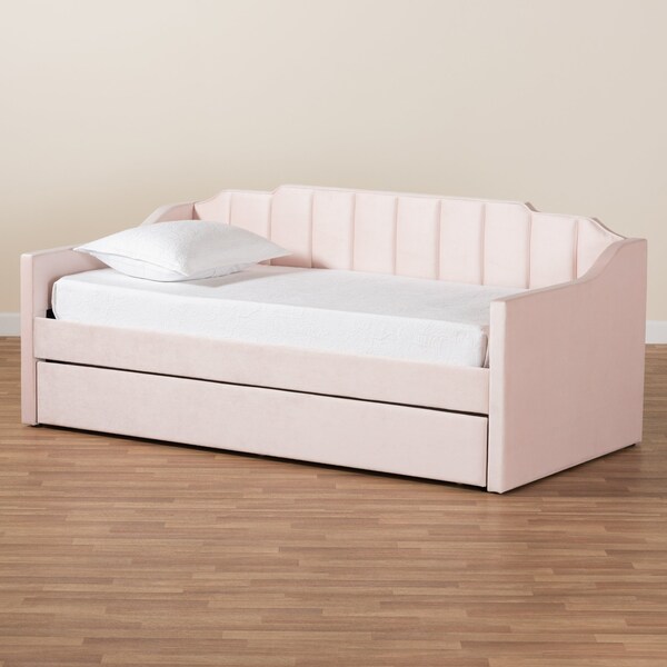 Baxton Studio Lennon Modern and Contemporary Pink Velvet Fabric Twin Size Daybed with Trundle - 186-11472-ZORO