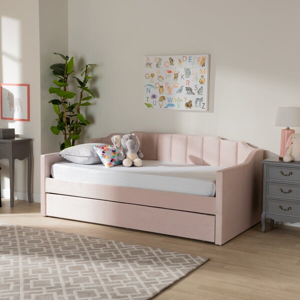 Baxton Studio Lennon Modern and Contemporary Pink Velvet Fabric Twin Size Daybed with Trundle - 186-11472-ZORO