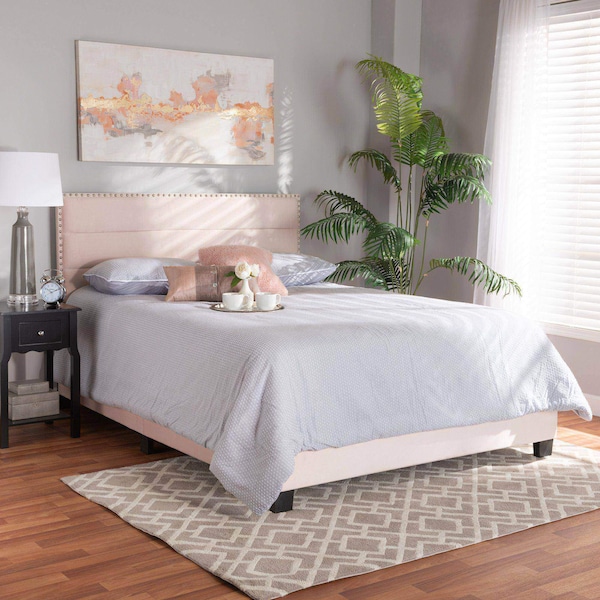 Baxton Studio Tamira Modern and Contemporary Glam Light Pink Velvet Fabric Queen Size Panel Bed - 183-11273-ZORO